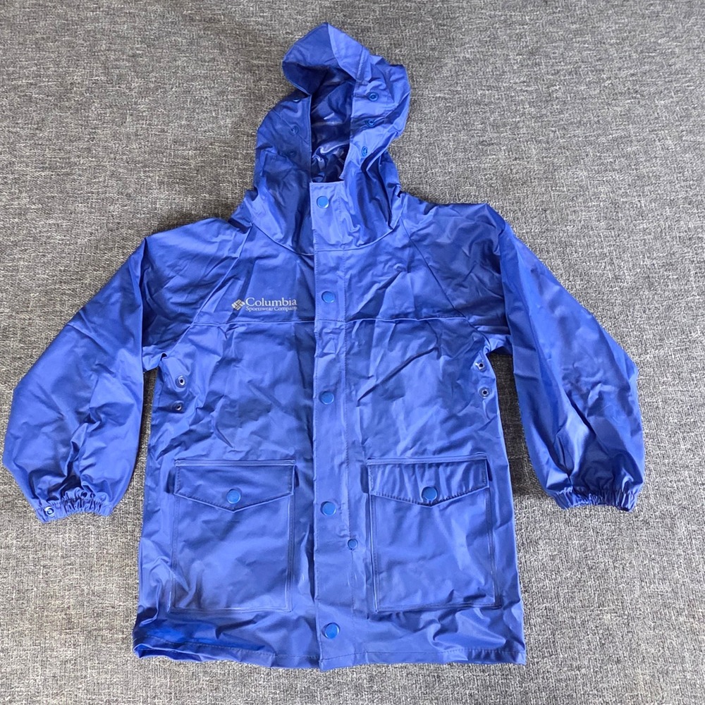 Columbia RY0180 Youth S Blue PVC Rain Jacket Hooded Waterproof Vintage Y2K